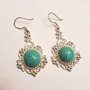 Sterling silver and turquoise filigree drop earrings